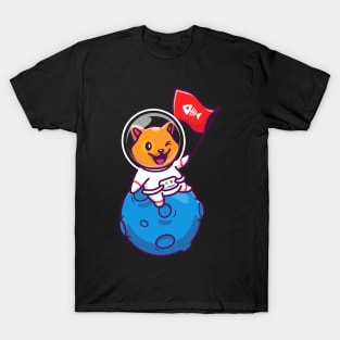 Astronaut cat with flag in hand T-Shirt